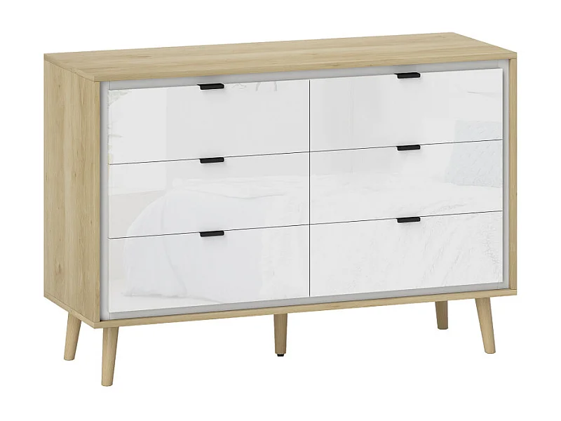 Commode nordique 6 tiroirs OUREM blanc laqué et aspect bois clair