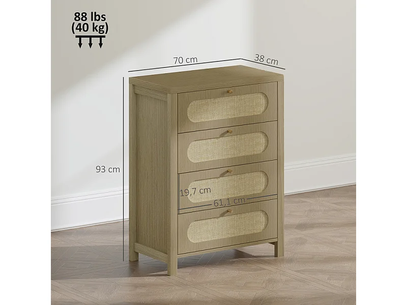 Commode 4 tiroirs PENIC effet rotin et bois naturel