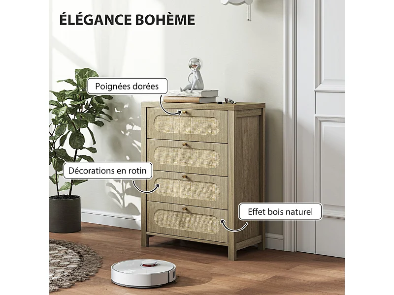 Commode 4 tiroirs PENIC effet rotin et bois naturel