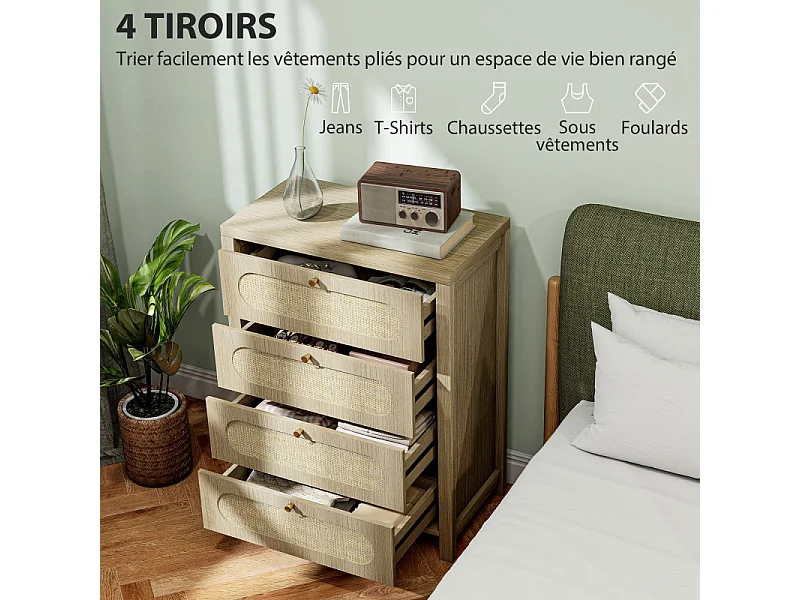 Commode 4 tiroirs PENIC effet rotin et bois naturel