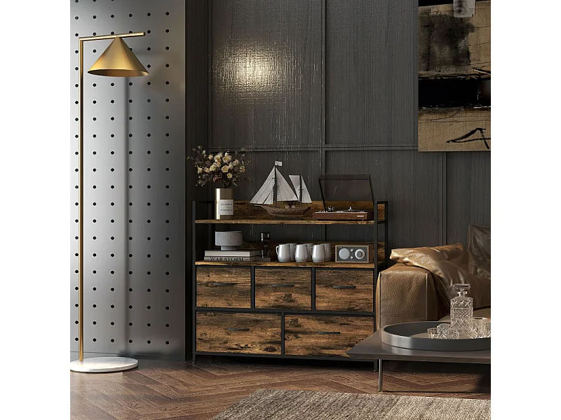 Commode industrielle 5 tiroirs REGA acier noir et effet bois