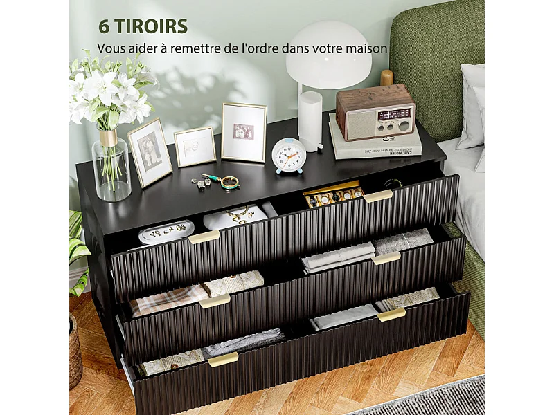 Commode 6 tiroirs OLIVEIRA design cannelé noir et métal doré
