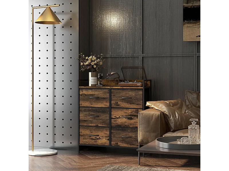 Commode 6 tiroirs PAVOA acier noir et effet bois vieilli