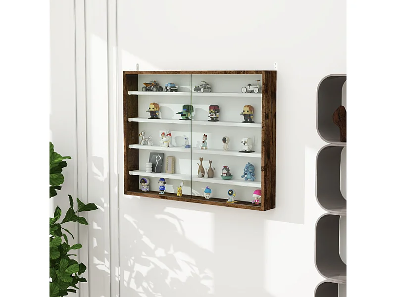 Vitrine murale 5 niveaux HEROISMO blanc et effet bois vieilli