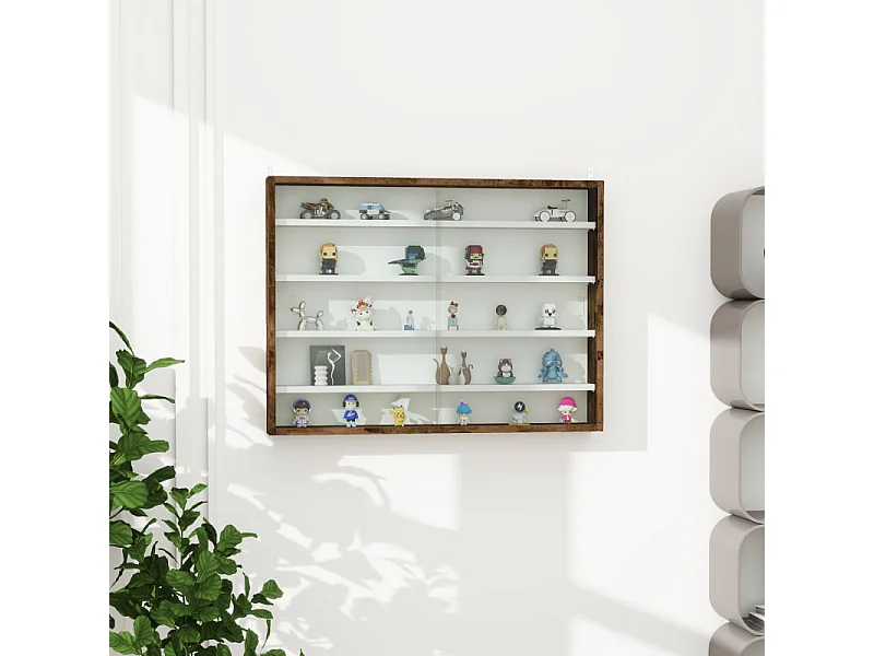 Vitrine murale 5 niveaux HEROISMO blanc et effet bois vieilli