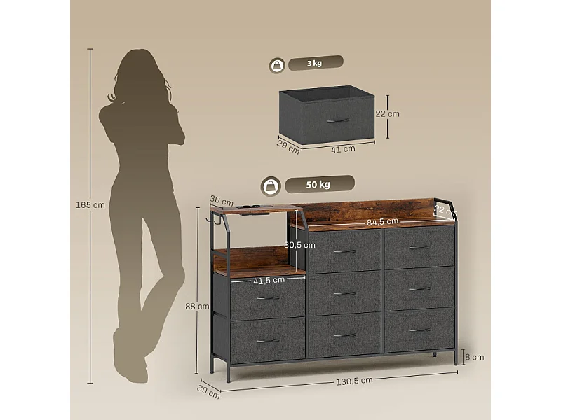 Commode 8 tiroirs station de charge PENAFIEL marron et noire