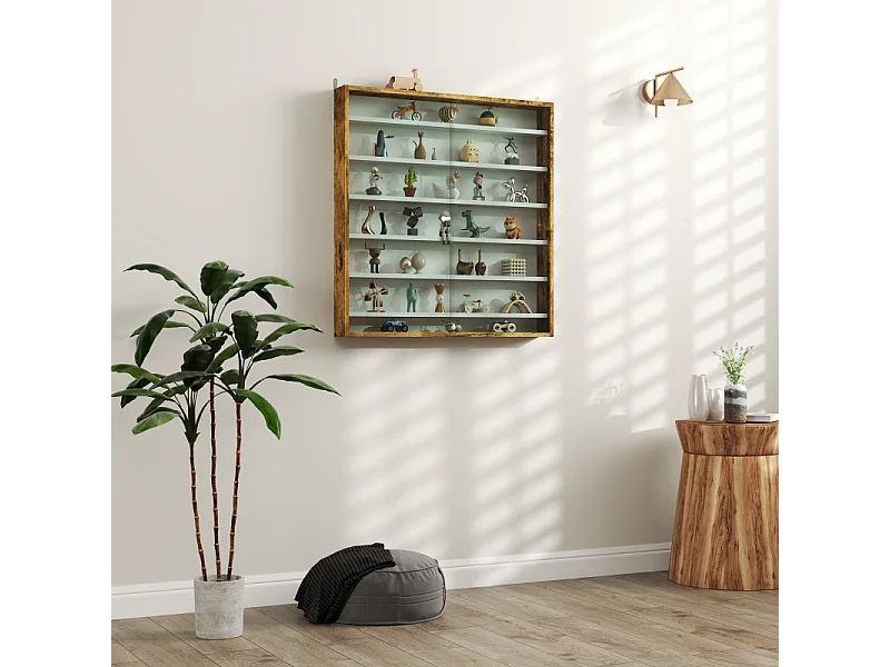 Vitrine murale 6 étagères ANGRA blanc et effet bois vieilli