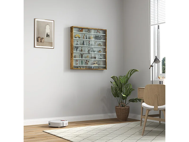 Vitrine murale 6 étagères ANGRA blanc et effet bois vieilli