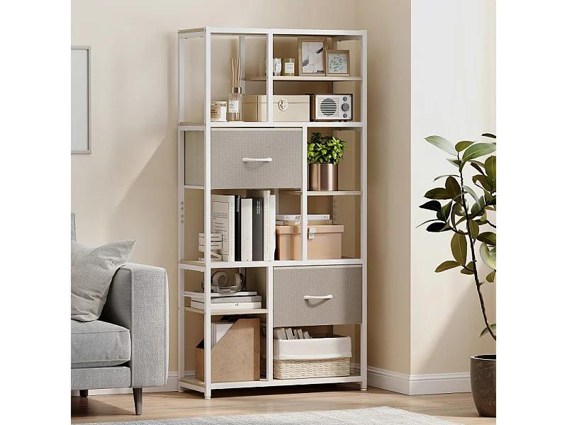 Bibliothèque étagères avec tiroirs COIMBRA aspect chêne, blanc et beige