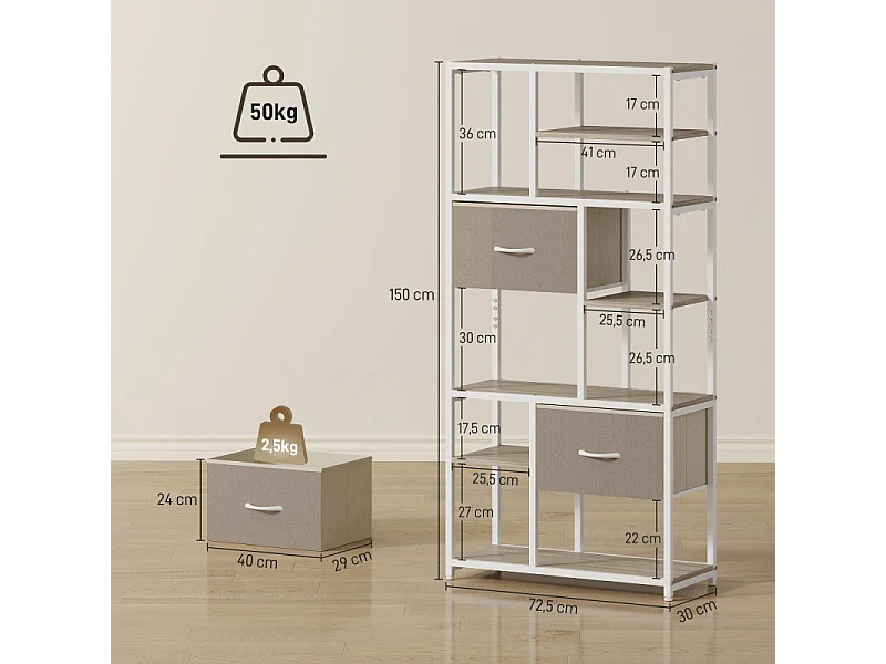 Bibliothèque étagères avec tiroirs COIMBRA aspect chêne, blanc et beige