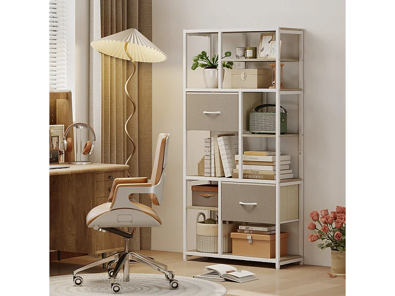 Bibliothèque étagères avec tiroirs COIMBRA aspect chêne, blanc et beige