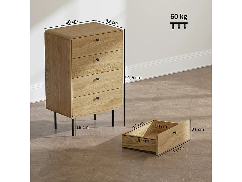 Commode vintage 4 tiroirs OVAR effet bois et métal noir