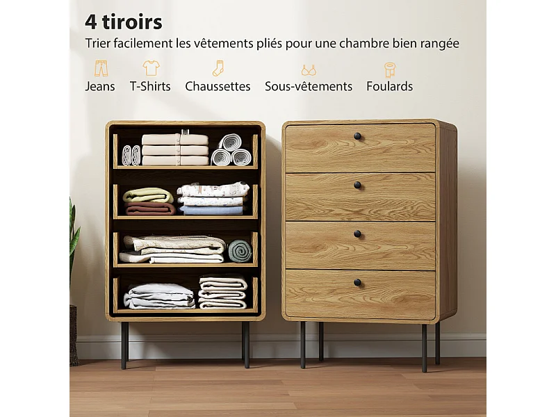 Commode vintage 4 tiroirs OVAR effet bois et métal noir