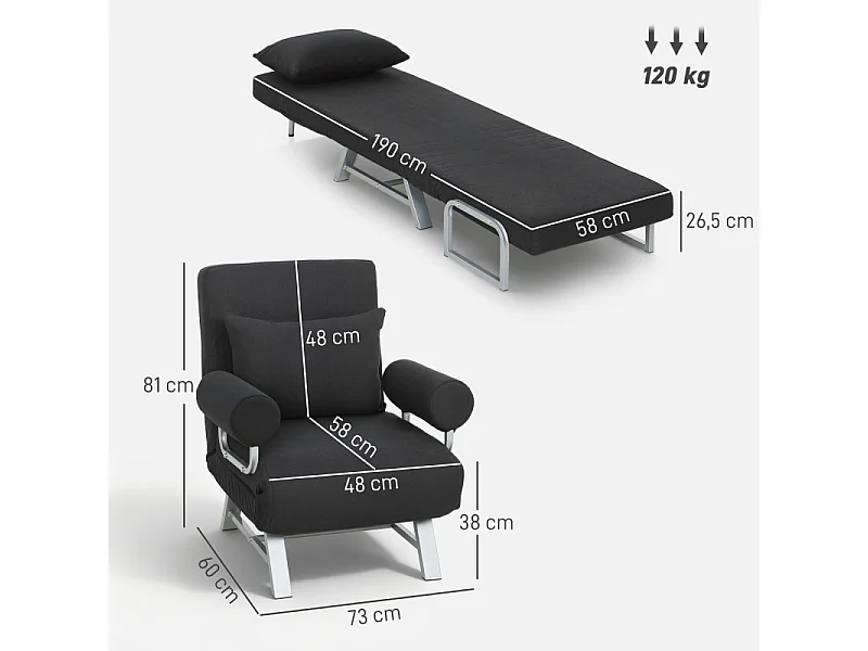 Fauteuil chauffeuse NAVIK convertible inclinable en tissu lin noir