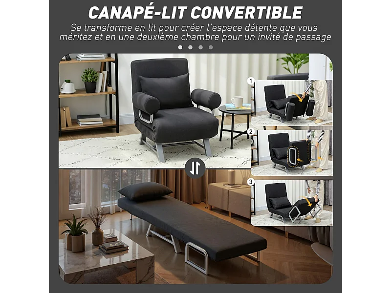 Fauteuil chauffeuse NAVIK convertible inclinable en tissu lin noir