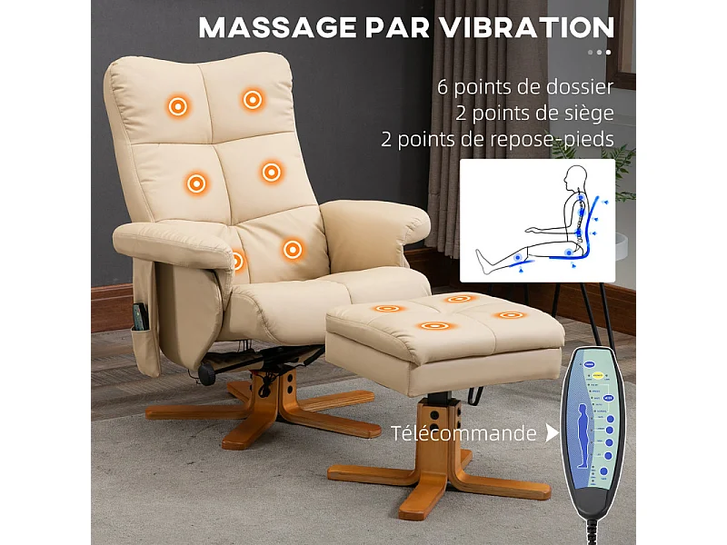 Fauteuil de massage inclinable avec repose-pieds KURIS bois et beige