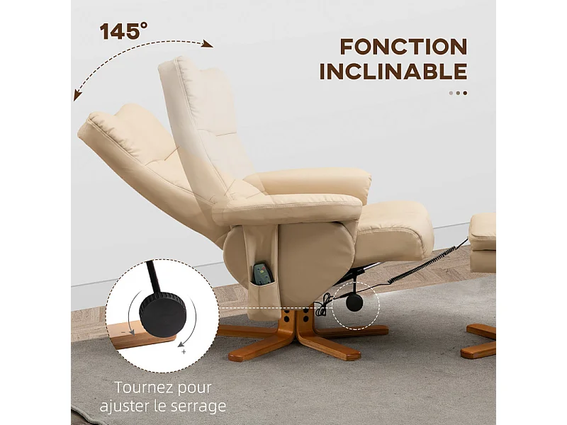 Fauteuil de massage inclinable avec repose-pieds KURIS bois et beige