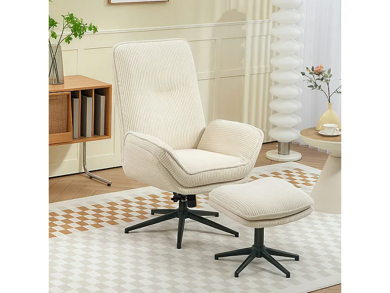 Fauteuil relax SONDRE avec repose-pieds, velours côtelé beige