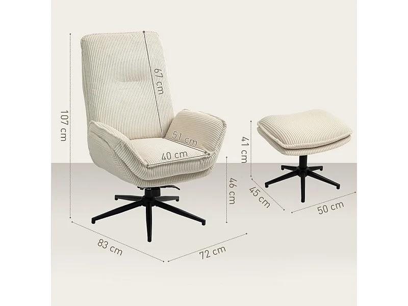 Fauteuil relax SONDRE avec repose-pieds, velours côtelé beige