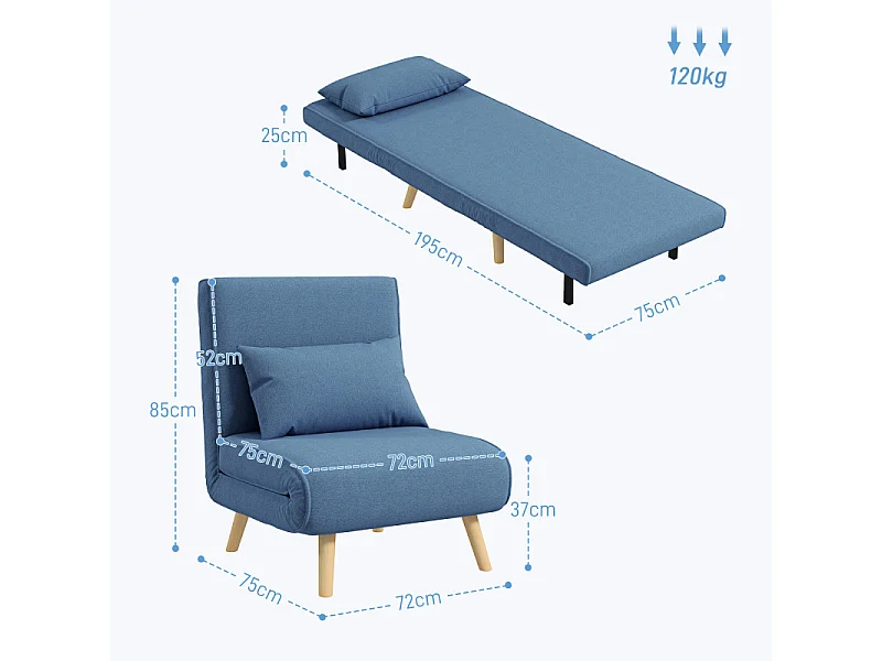 Fauteuil convertible scandinave KULUS bois et tissu bleu