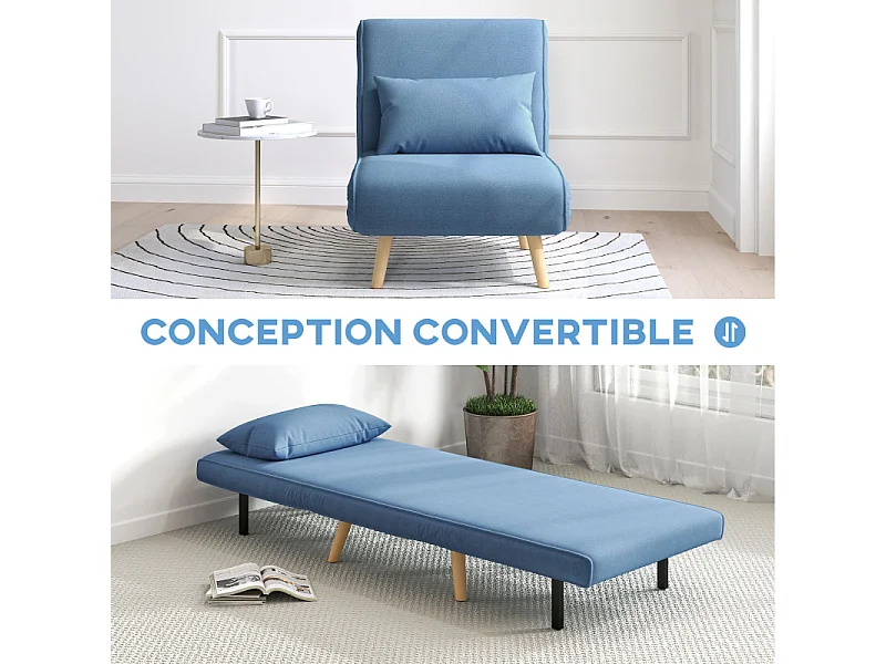 Fauteuil convertible scandinave KULUS bois et tissu bleu
