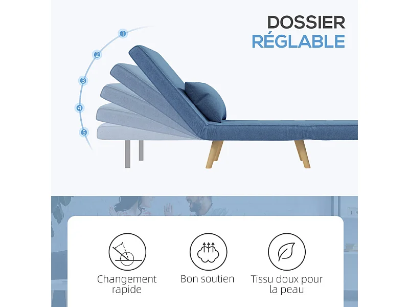 Fauteuil convertible scandinave KULUS bois et tissu bleu