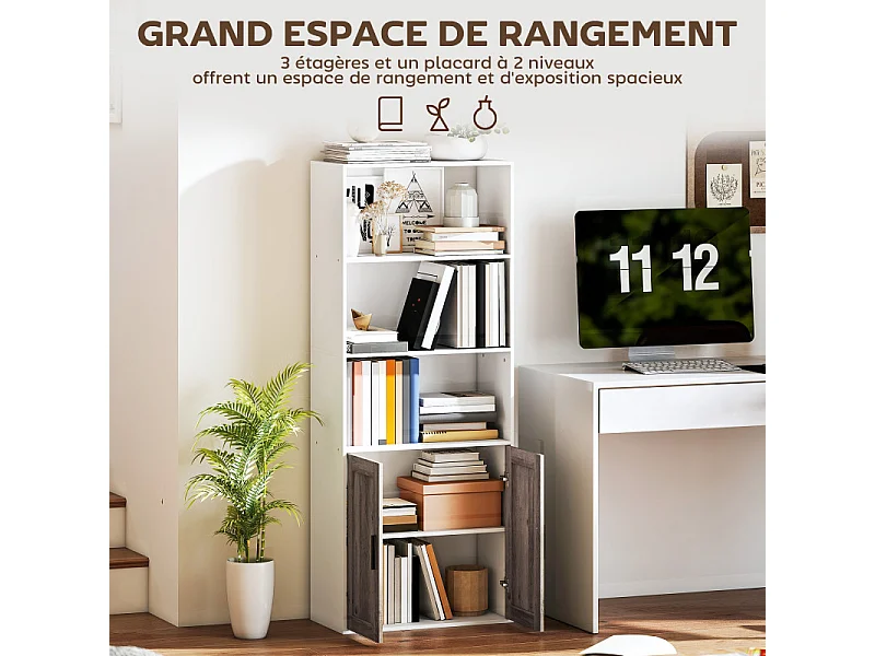 Bibliothèque avec étagères et placard ESMERIS effet bois marron