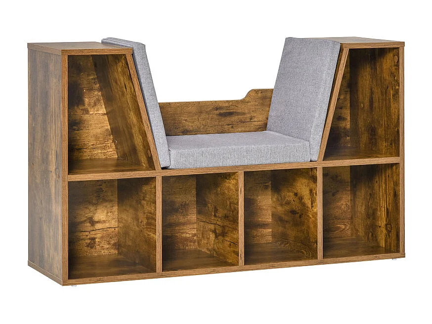 Banc Bibliothèque coin lecture 6 casiers BARCELOS aspect bois vieilli et gris