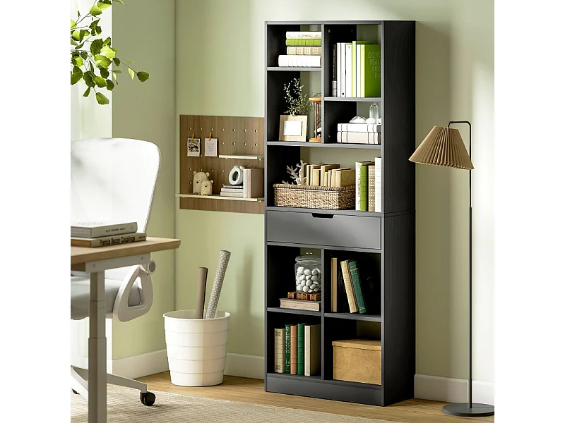 Bibliothèque moderne 9 compartiments avec tiroir BRANCO noire