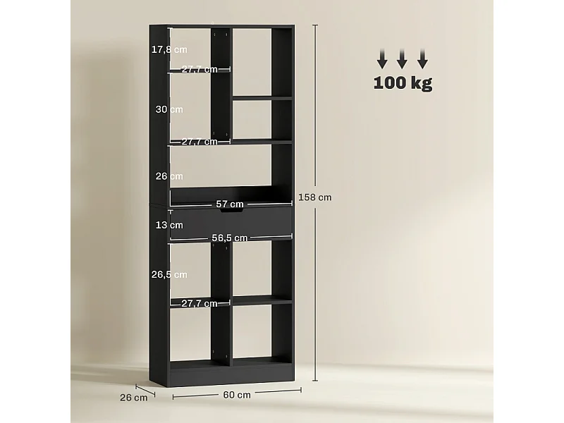 Bibliothèque moderne 9 compartiments avec tiroir BRANCO noire