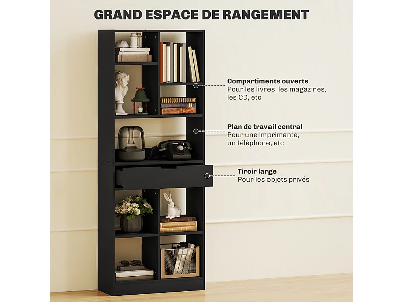 Bibliothèque moderne 9 compartiments avec tiroir BRANCO noire