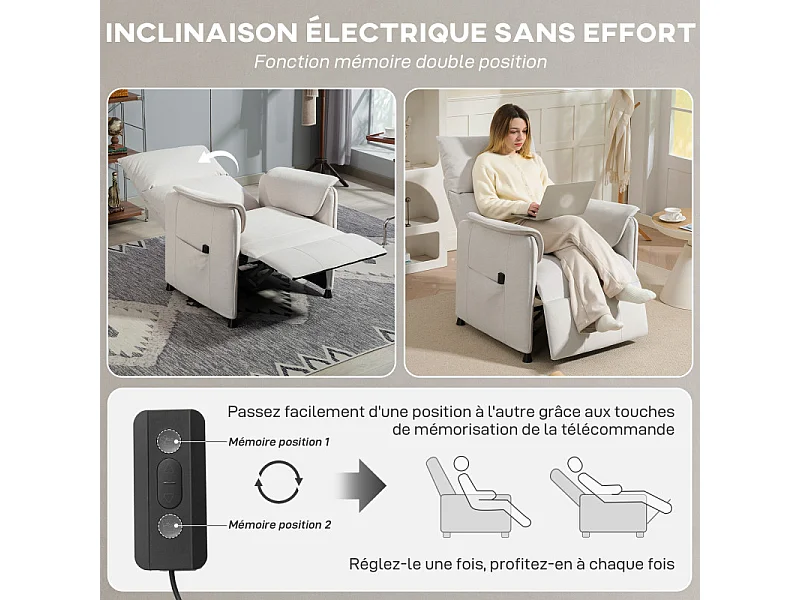 Fauteuil relax électrique inclinable UKUSS velours blanc cassé