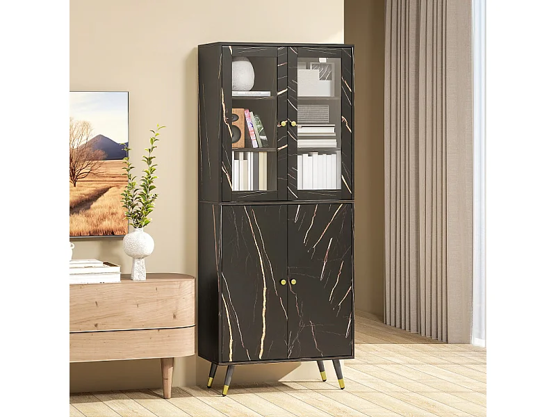 Bibliothèque vitrine avec portes vitrées LOBOS effet marbre noir
