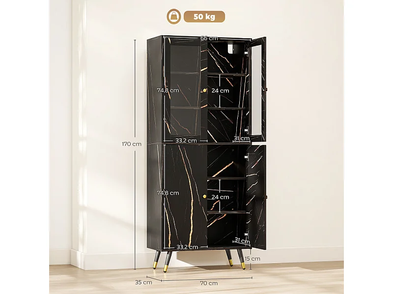 Bibliothèque vitrine avec portes vitrées LOBOS effet marbre noir