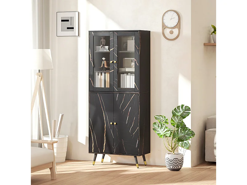 Bibliothèque vitrine avec portes vitrées LOBOS effet marbre noir