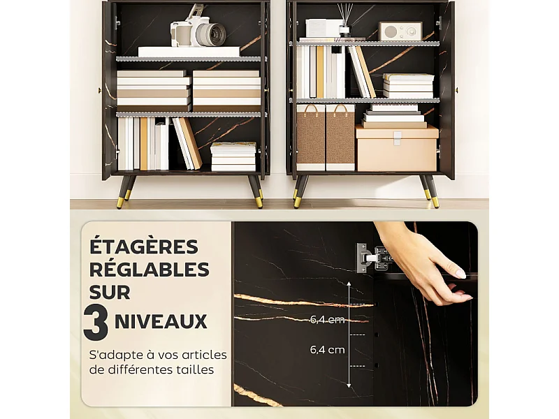 Bibliothèque vitrine avec portes vitrées LOBOS effet marbre noir