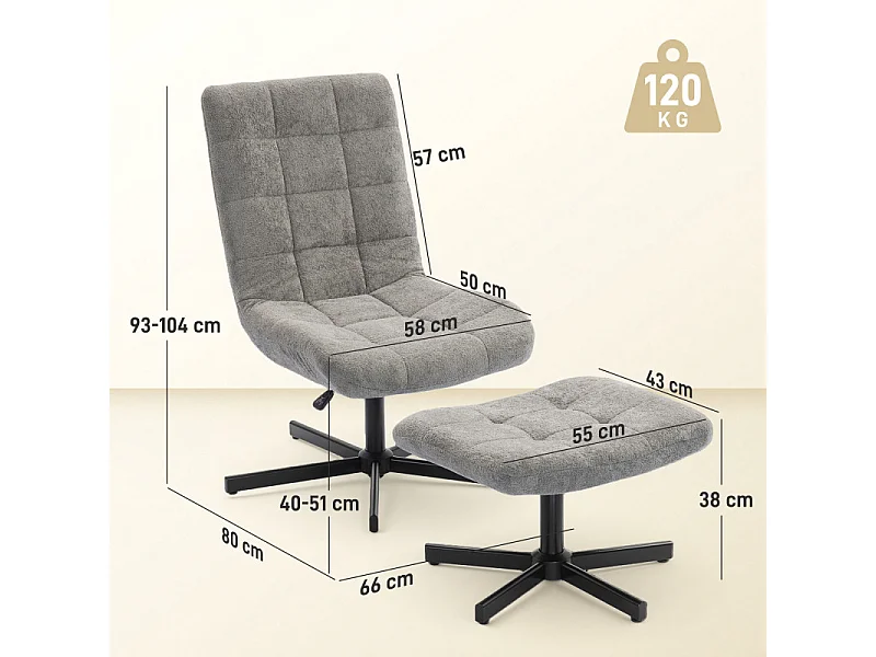Fauteuil lounge inclinable avec repose-pieds LUSSAC gris