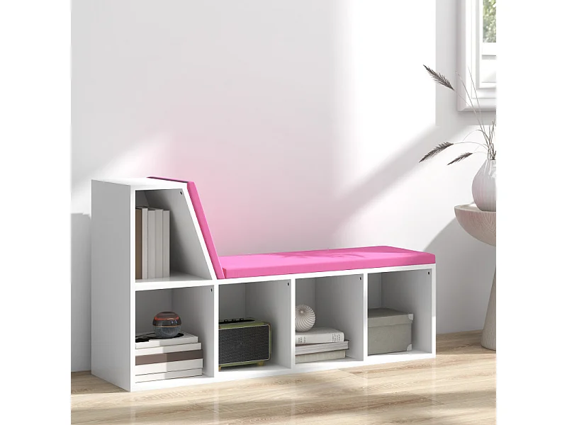 Bibliothèque enfant avec coin lecture 5 casiers BEIJA rose et blanc