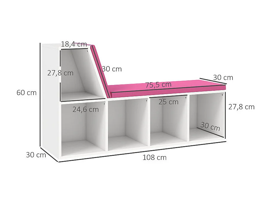 Bibliothèque enfant avec coin lecture 5 casiers BEIJA rose et blanc