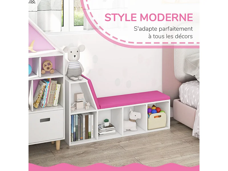 Bibliothèque enfant avec coin lecture 5 casiers BEIJA rose et blanc