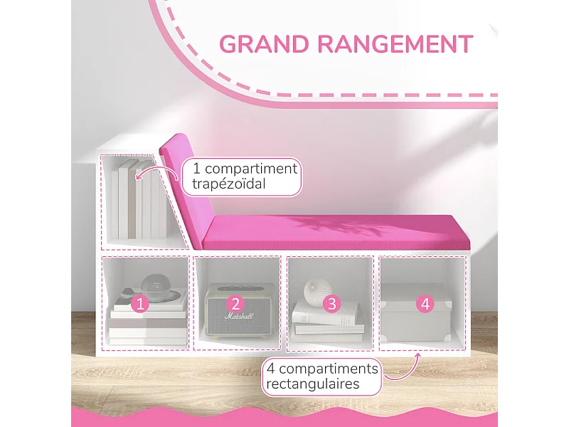 Bibliothèque enfant avec coin lecture 5 casiers BEIJA rose et blanc