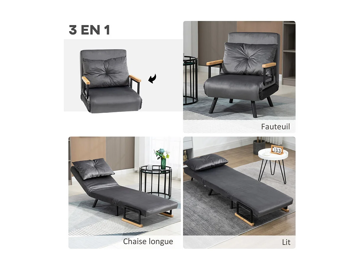 Fauteuil convertible 3-en-1 RASAK velours anthracite