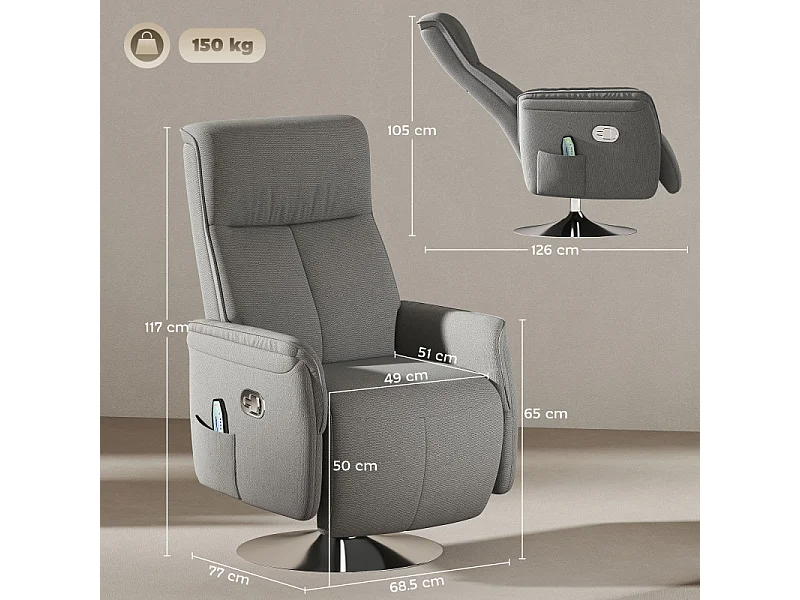 Fauteuil relax massant pivotant NUKIA tissu gris et acier chromé