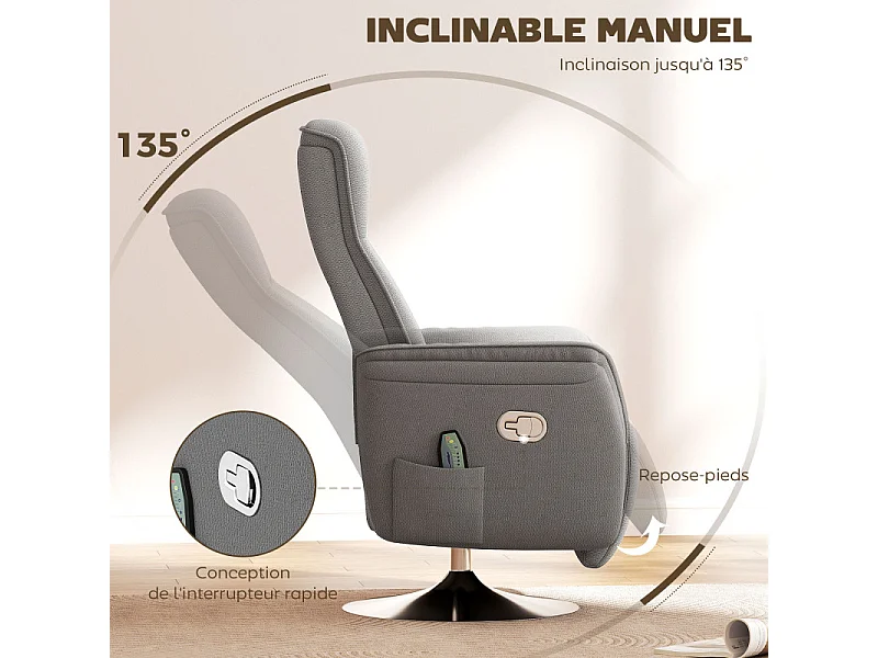 Fauteuil relax massant pivotant NUKIA tissu gris et acier chromé