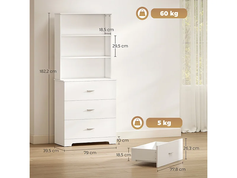 Bibliothèque buffet 3 tiroirs et étagères ouvertes CALDAS blanche