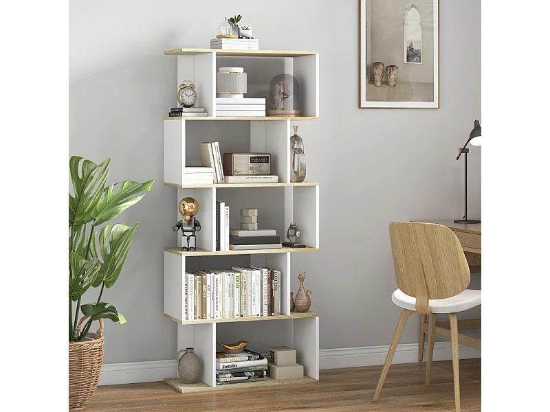 Bibliothèque scandinave 10 étagères RAINHA blanc et bois