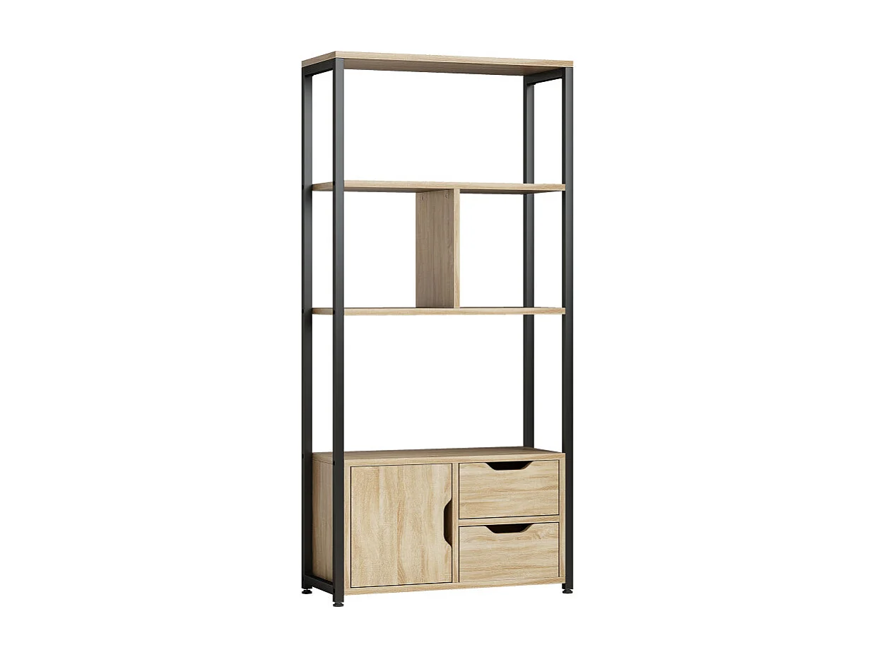 Bibliothèque étagère style industriel CASTELO noir et aspect bois clair