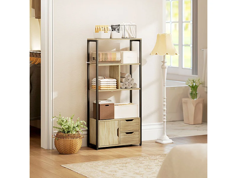 Bibliothèque étagère style industriel CASTELO noir et aspect bois clair