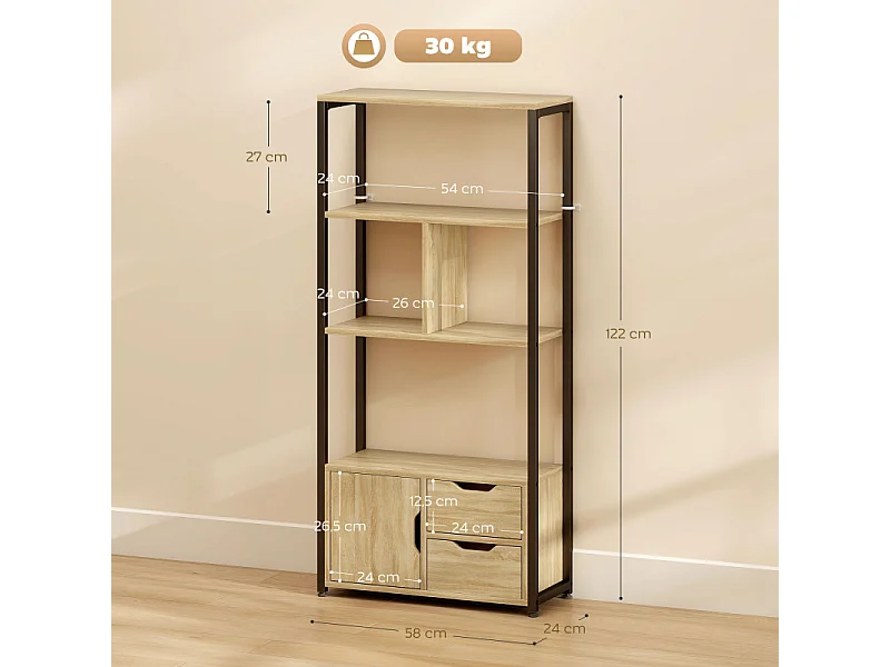 Bibliothèque étagère style industriel CASTELO noir et aspect bois clair