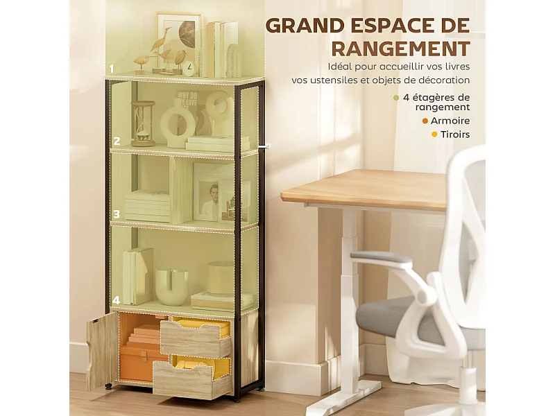 Bibliothèque étagère style industriel CASTELO noir et aspect bois clair